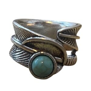 Southwestern Faux Turquoise Feather Wrap Statement Ring Silver Tone Size 5